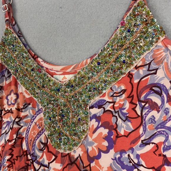 Free People Dress Women Small Red Boho Floral Beaded Jewel Tiered Coastal Resort - Picture 6 of 16